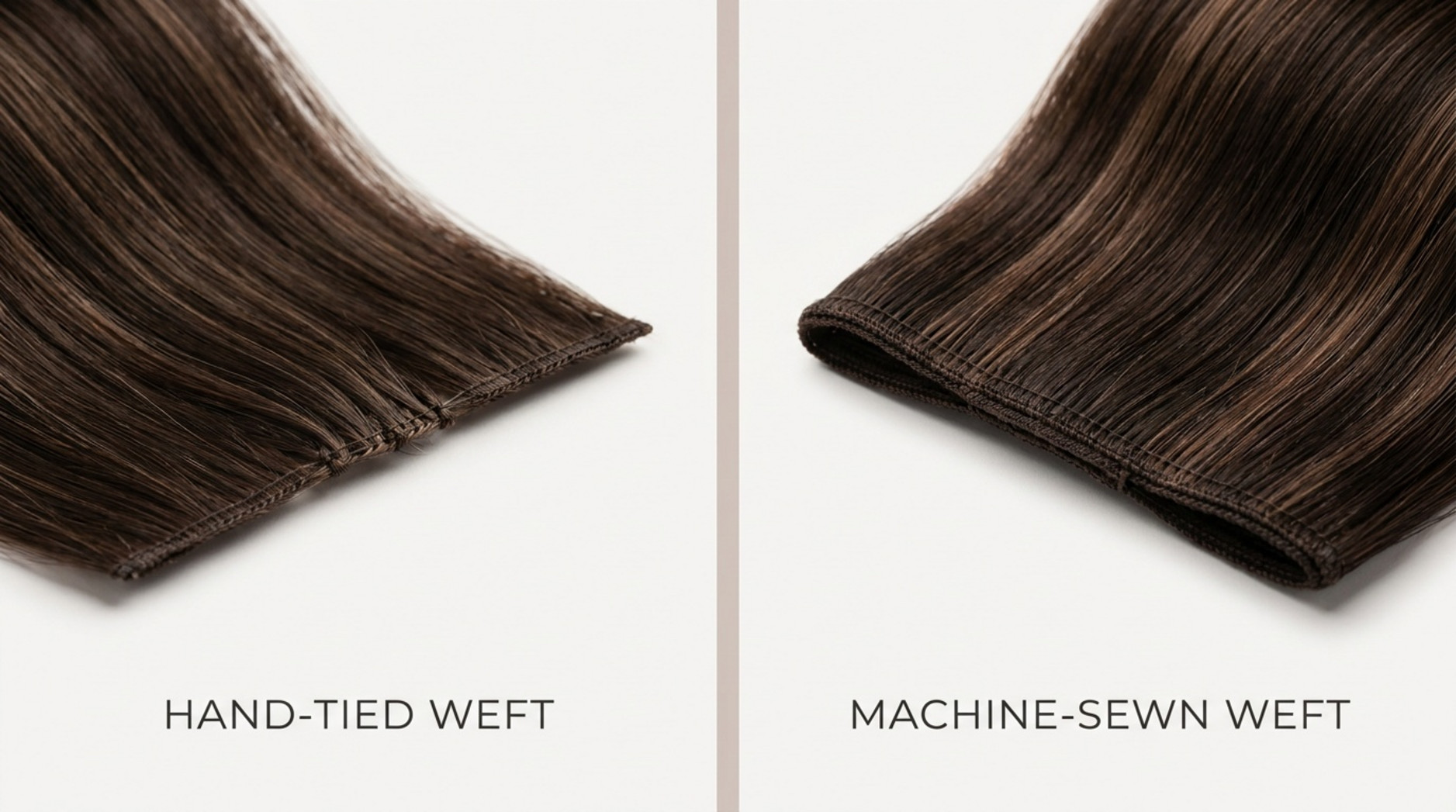 Comparison of lightweight hand-tied and sturdy machine-sewn weft tracks highlighting structural differences.