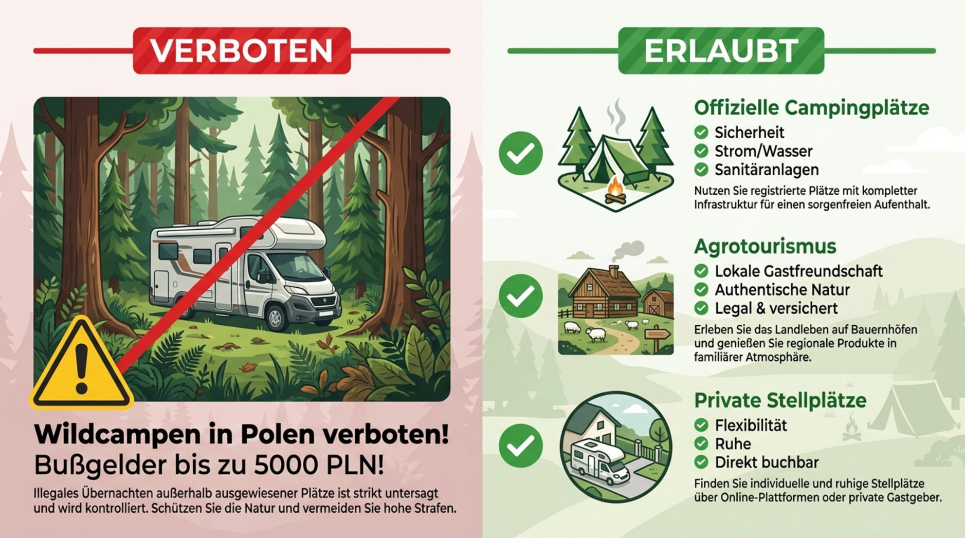 Infografik zeigt den Unterschied zwischen verbotenem Wildcampen und legalen Campingoptionen in Polen mit Symbolen und Vorteilen.