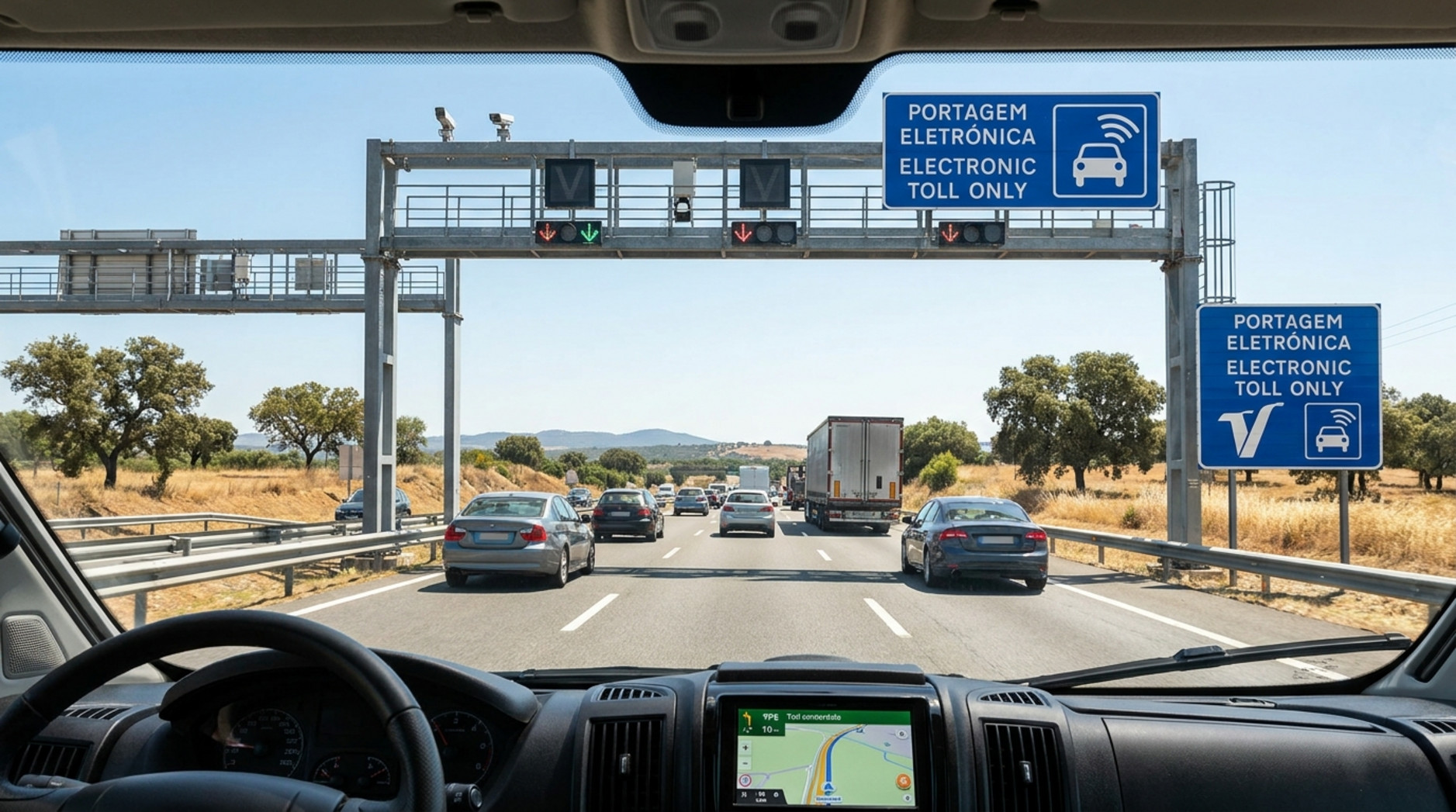 Fahrerperspektive eines Wohnmobils nähert sich einer elektronischen Mautbrücke auf portugiesischer Autobahn bei Tageslicht.