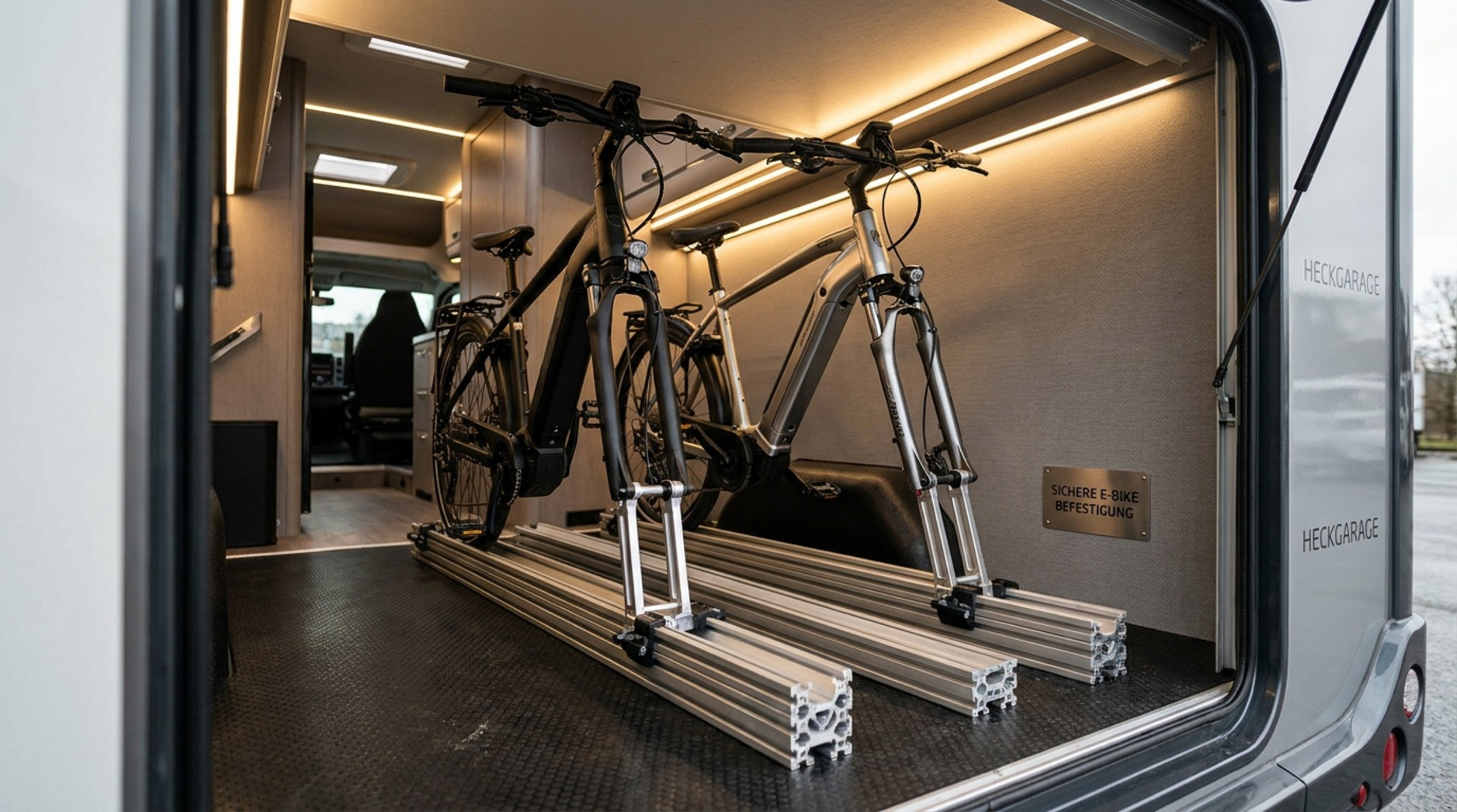 Perspektive in die gut beleuchtete Heckgarage eines Wohnmobils mit sicheren, sauber befestigten E-Bikes auf Schienensystem.