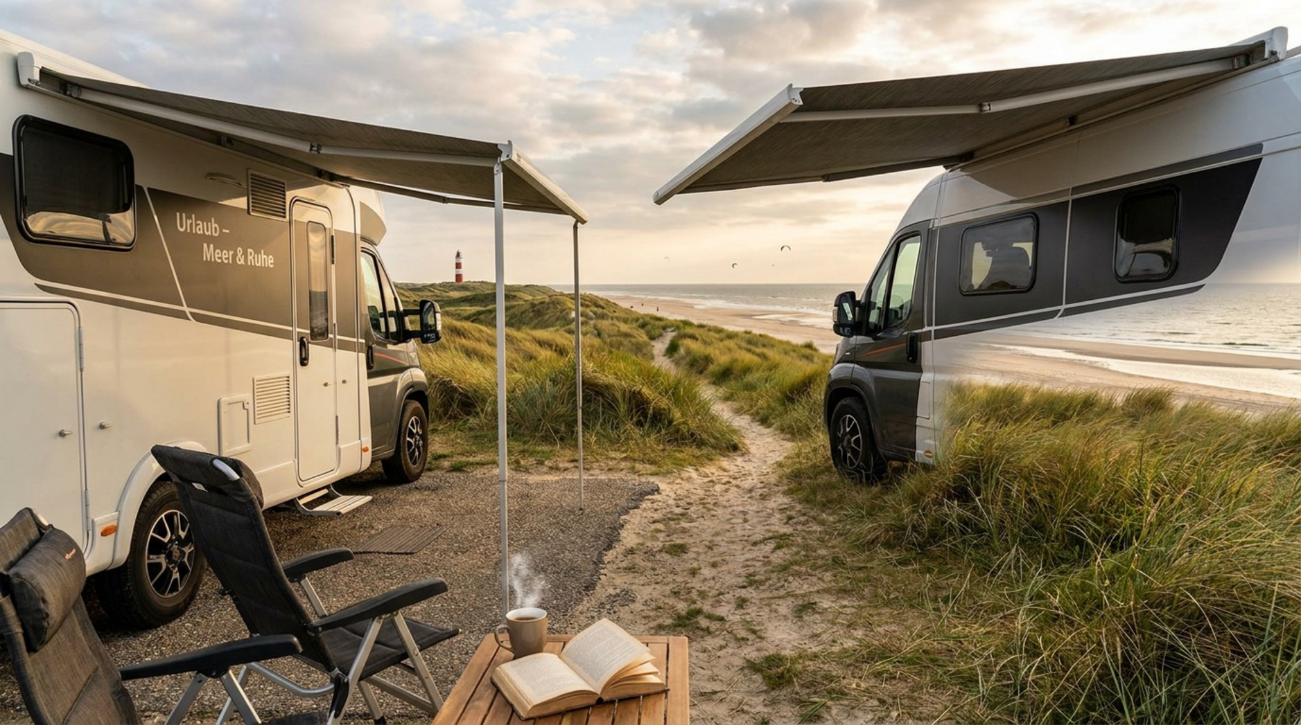 Ein Wohnmobil auf einem Stellplatz hinter den Dünen mit Blick auf Strand und Meer bei Sonnenuntergang.