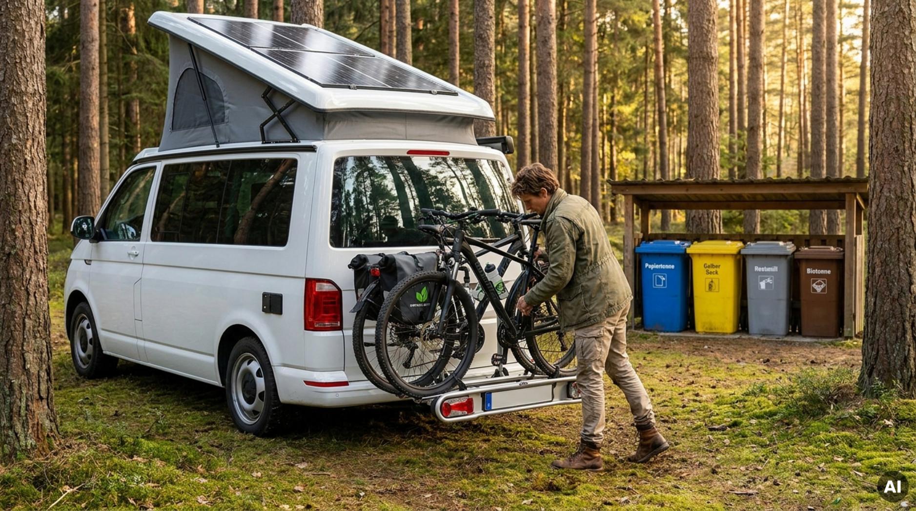 Ein Wohnmobil mit Solaranlagen auf dem Dach steht in einer naturnahen Umgebung. Eine Person lädt Fahrräder vom Heckträger ab, um die Natur zu erkunden. Die Szene zeigt nachhaltiges Reisen.