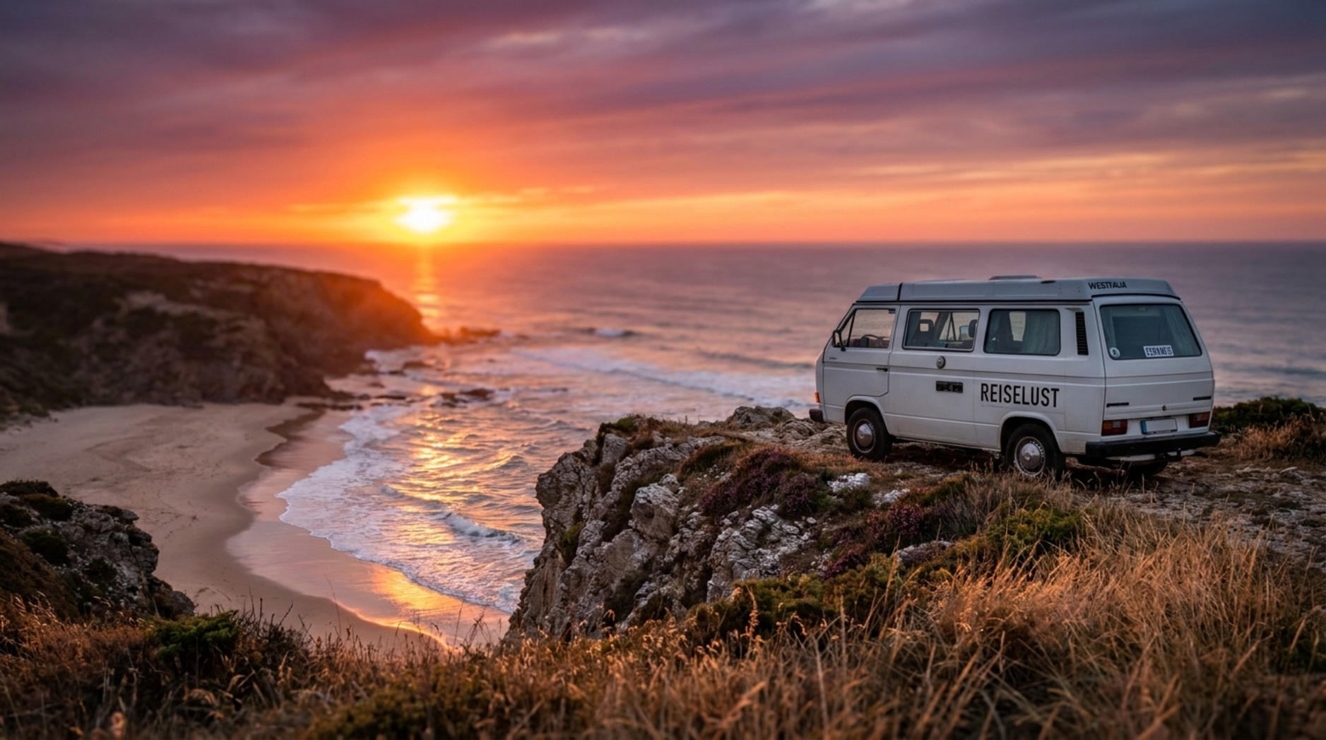 Ein Wohnmobil parkt an der portugiesischen Atlantikküste bei Sonnenuntergang mit Blick auf einen einsamen Sandstrand und den ruhigen Ozean.
