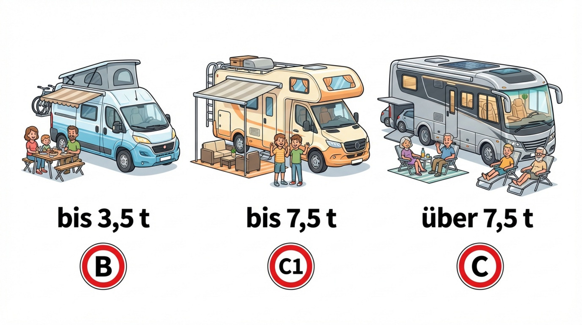 Infografik zeigt drei Wohnmobiltypen mit Gewichtsklassen und Führerscheinsymbolen in hellem, freundlichem Stil.