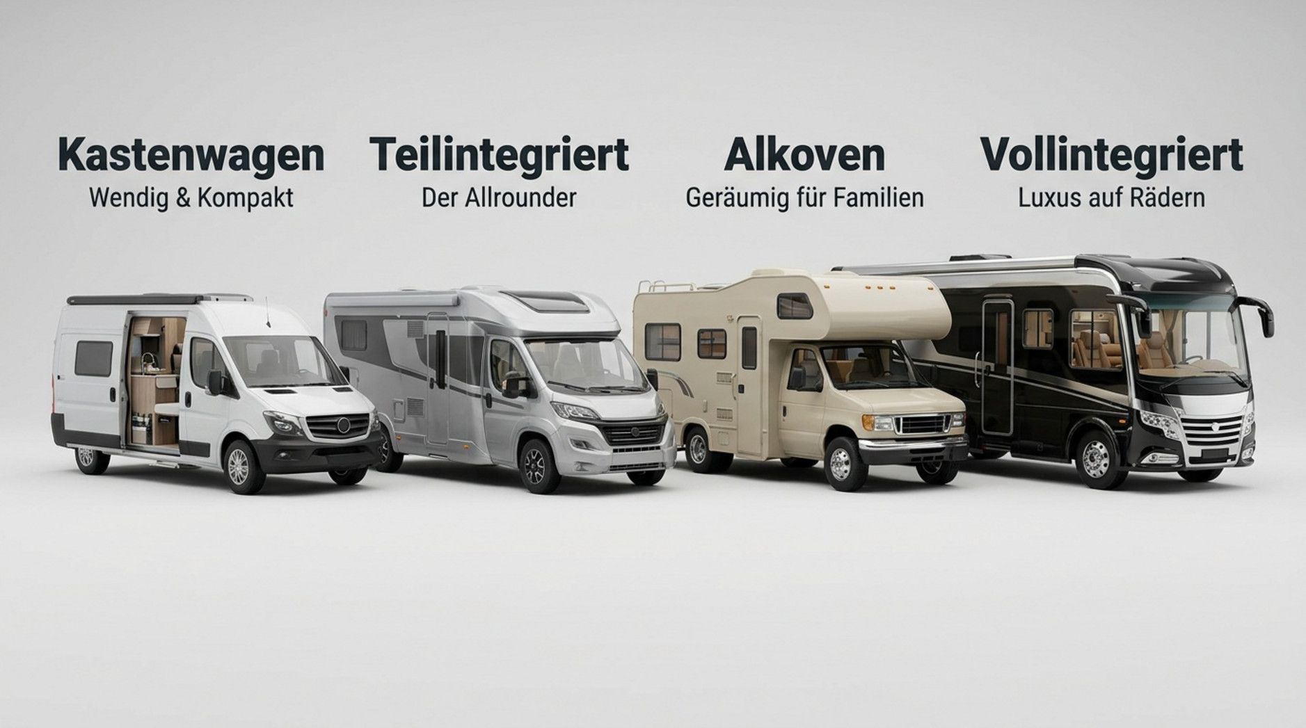 Übersichtliche Infografik zeigt die vier Haupttypen von Wohnmobilen mit kurzen Beschreibungen.