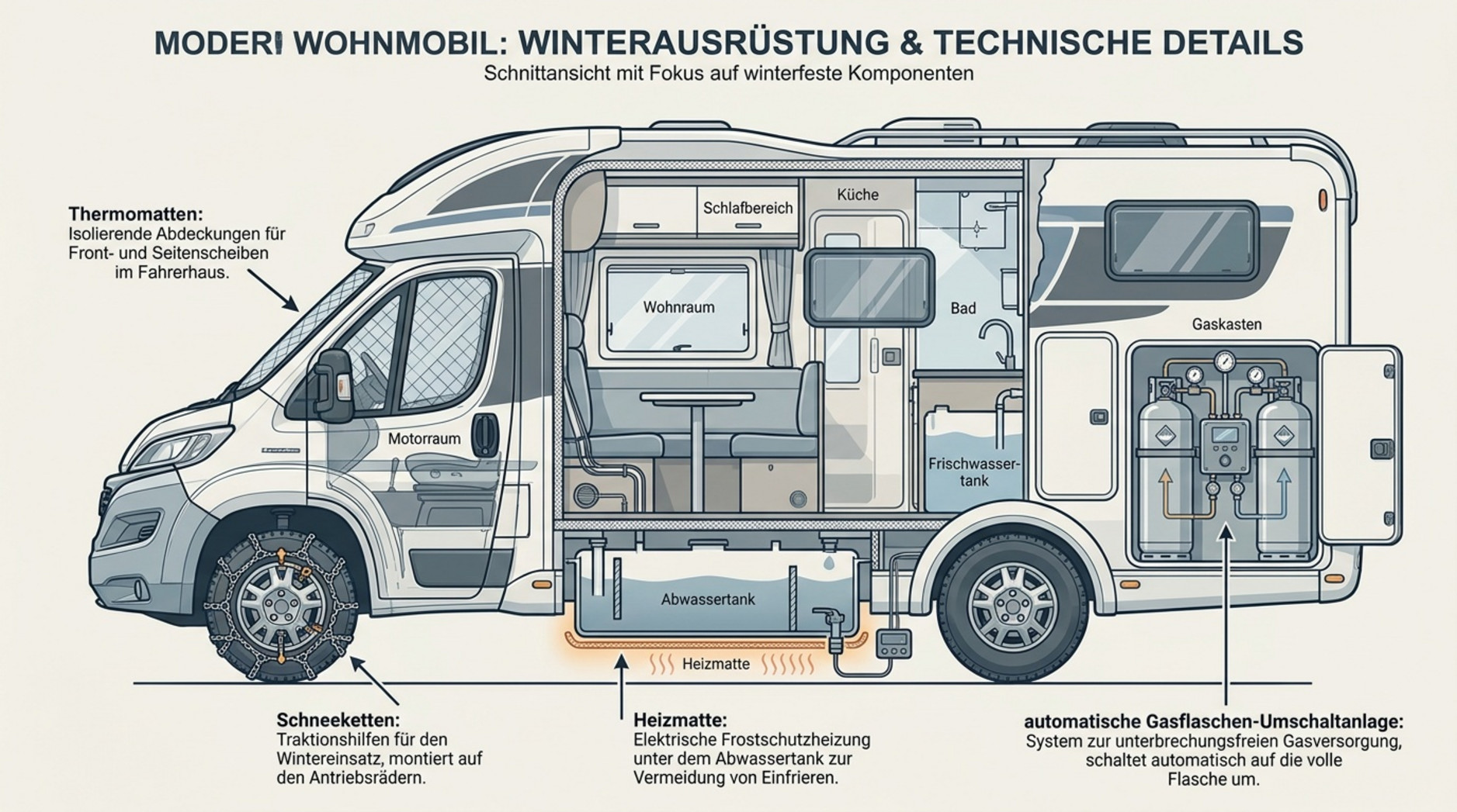 Detaillierte technische Zeichnung eines Wohnmobils im Querschnitt mit hervorgehobenen Winterzubehörteilen.