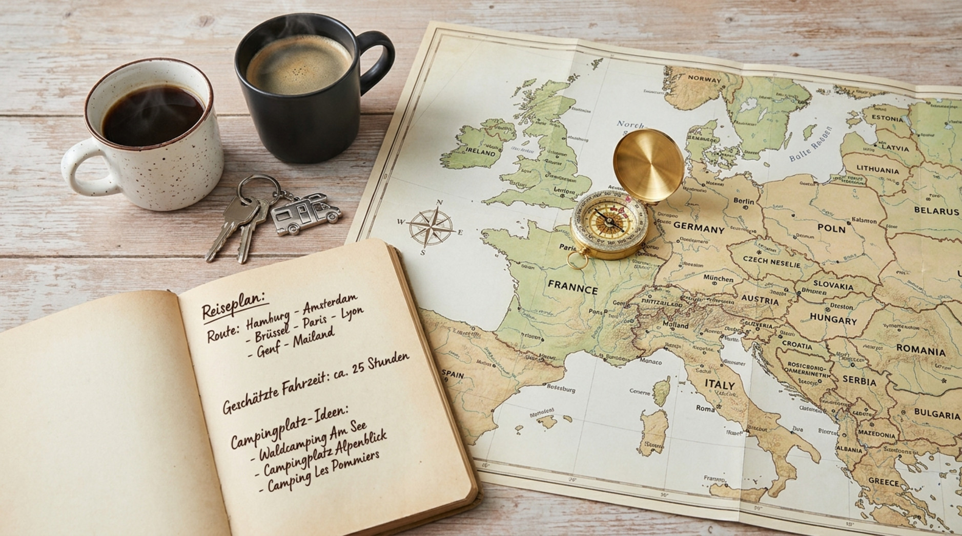 Eine Draufsicht-Illustration zeigt den Planungsprozess einer Wohnmobilreise mit Karte Notizbuch Kaffee und Kompass auf einem Holztisch.