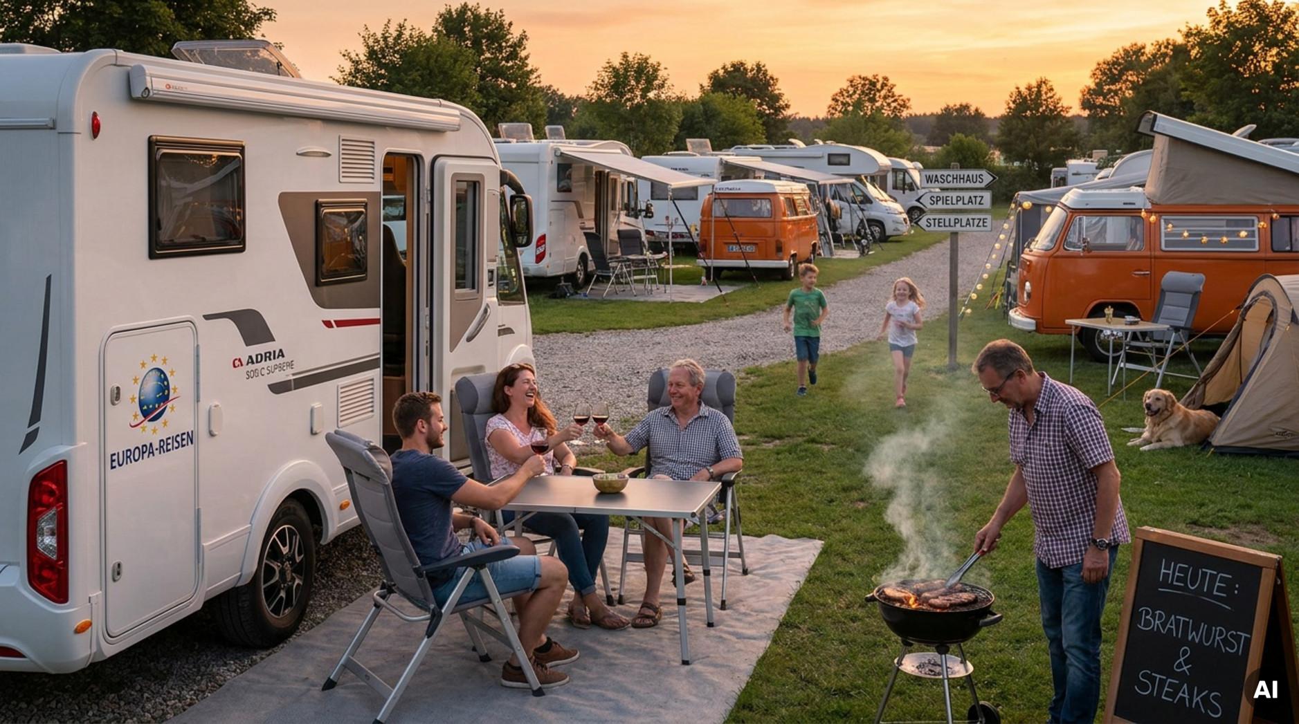 Ein lebhafter Wohnmobilstellplatz am Abend mit geselligen Menschen, Sonnenuntergang und fröhlicher Atmosphäre.