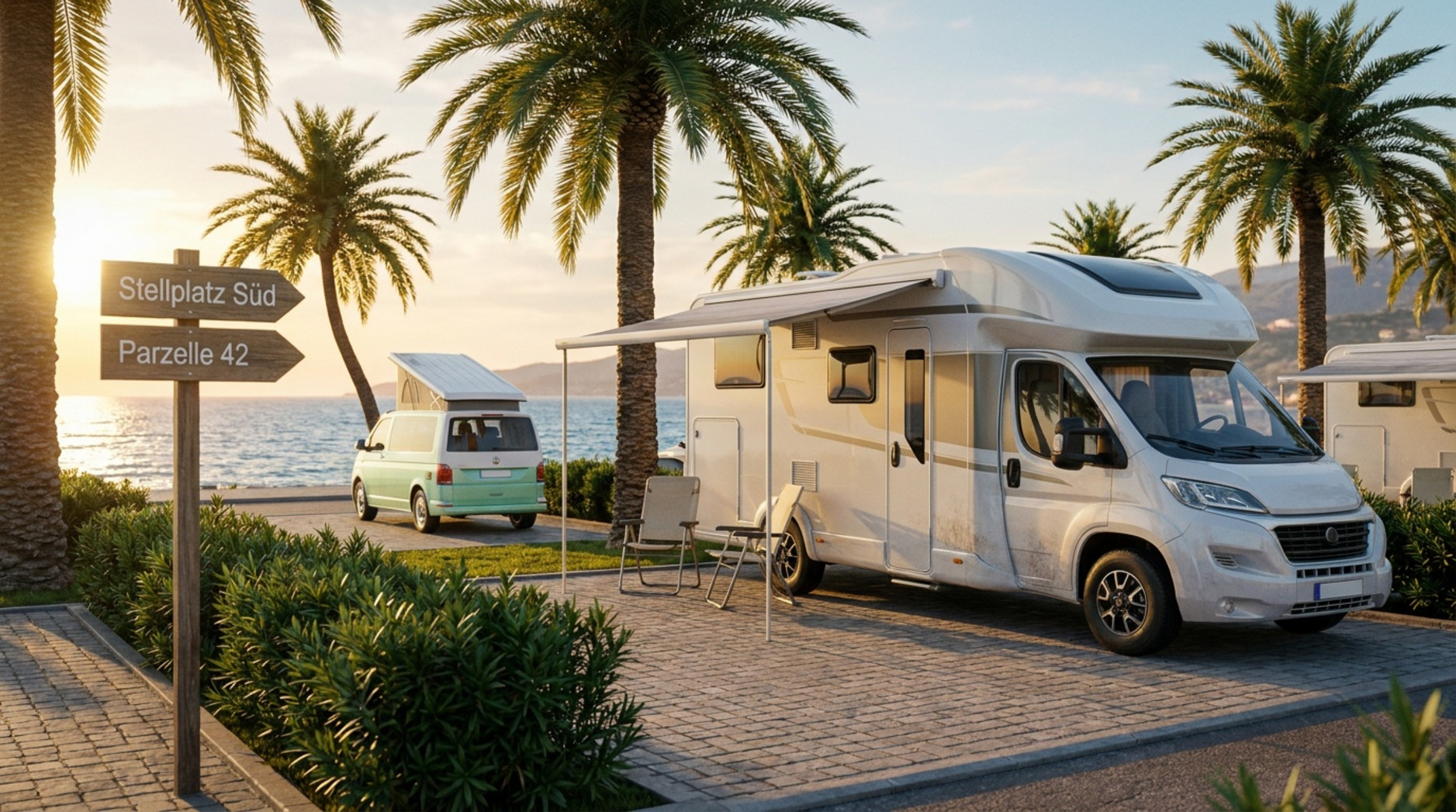Ein ruhiger Wohnmobilstellplatz mit Blick auf das Meer bei Sonnenuntergang in Südeuropa.