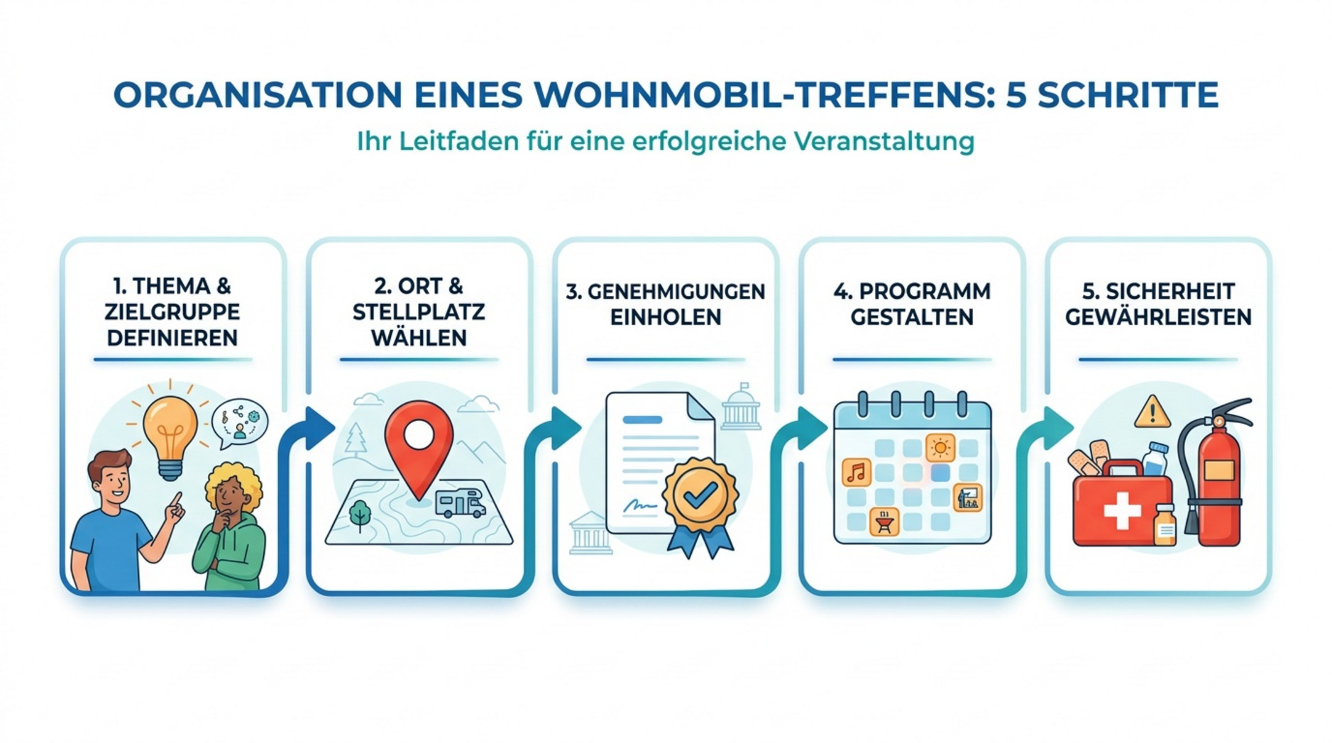 Moderne Infografik zeigt die wichtigsten Schritte zur Organisation eines Wohnmobiltreffens mit Symbolen und kurzen Texten.