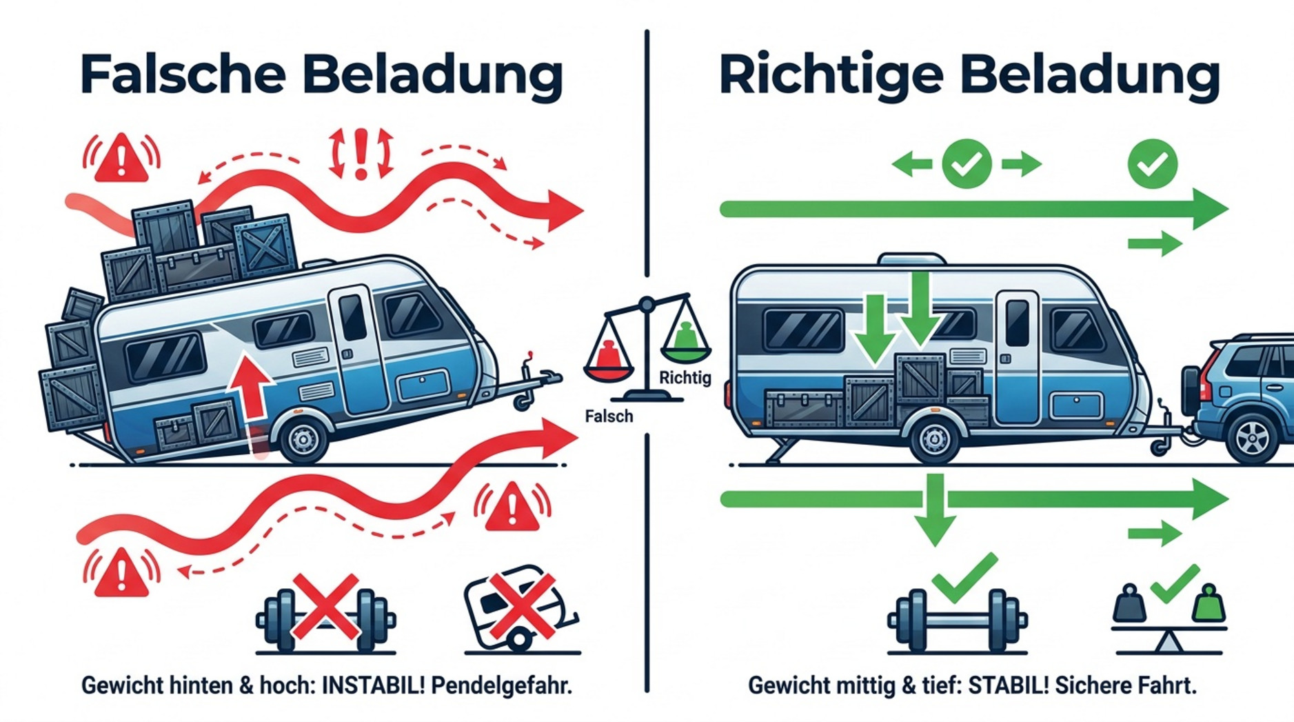 Vergleich der falschen und richtigen Beladung eines Wohnwagens mit klaren Beschriftungen und Piktogrammen für stabile und instabile Fahrt.