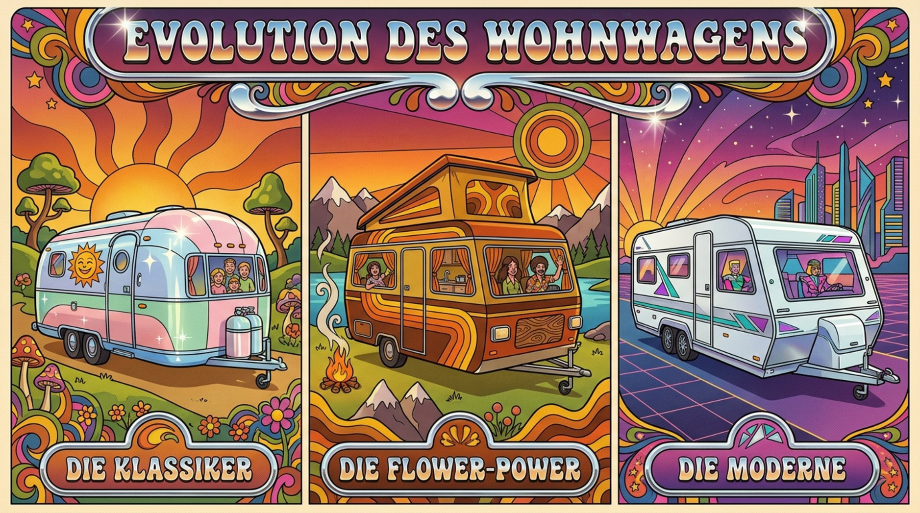 Farbenfrohe Illustration zeigt die Entwicklung von Wohnwagen-Designs von den 50er bis zu den 80er Jahren.