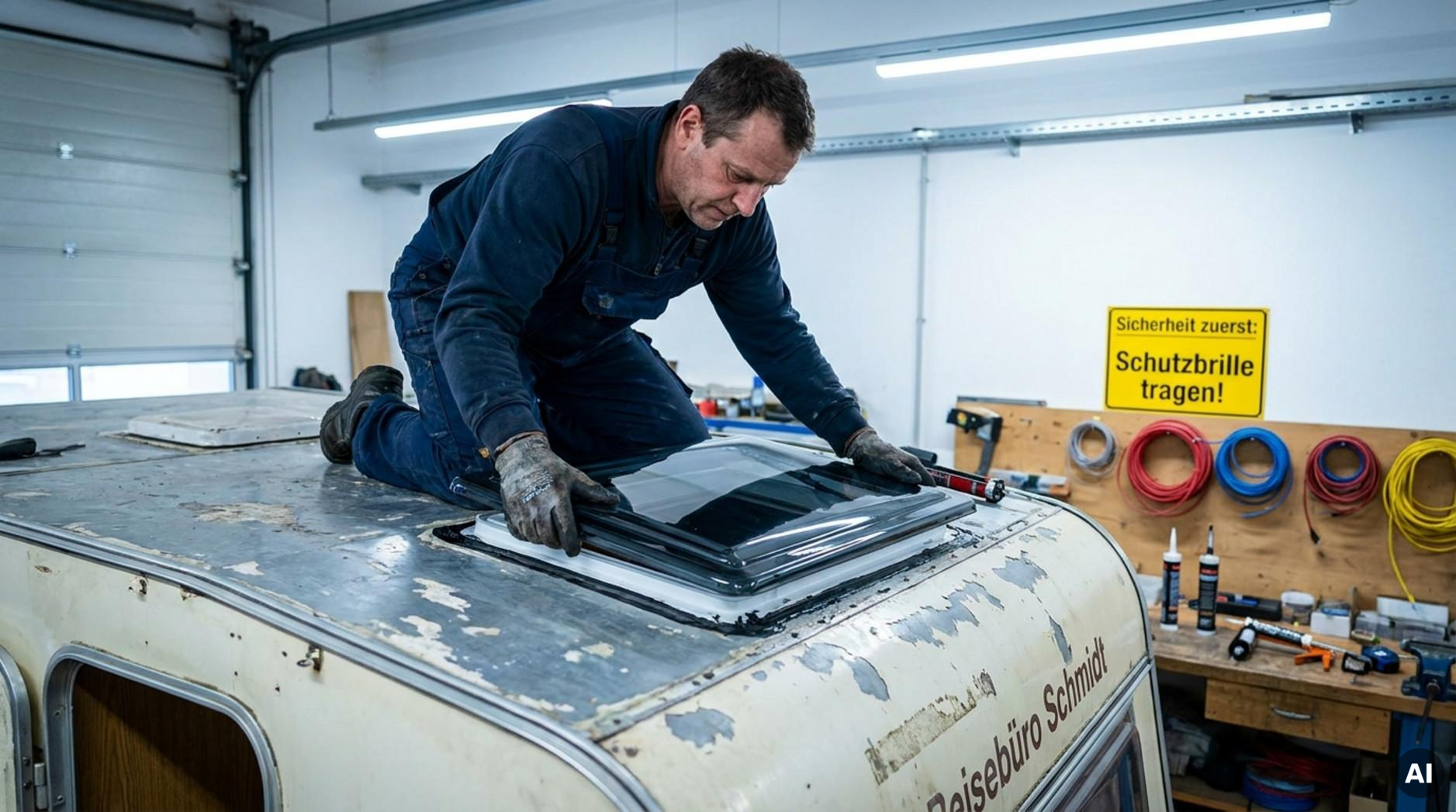 Ein Fachmann installiert eine moderne Dachluke an einem alten Wohnwagen in einer Werkstatt für Restaurierungsarbeiten.