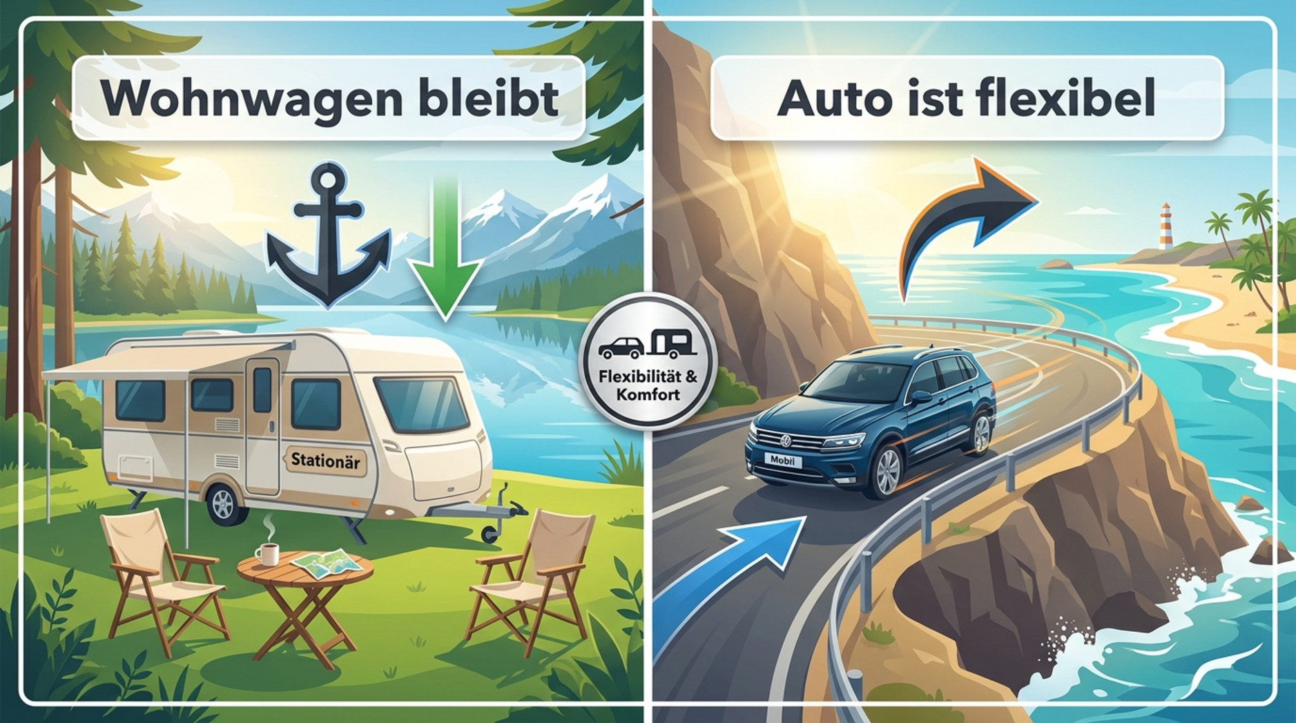 Eine Infografik zeigt einen Wohnwagen am See und ein Familienauto auf einer Küstenstraße, um das flexible Reisen mit Fahrzeug und Wohnwagen zu verdeutlichen.