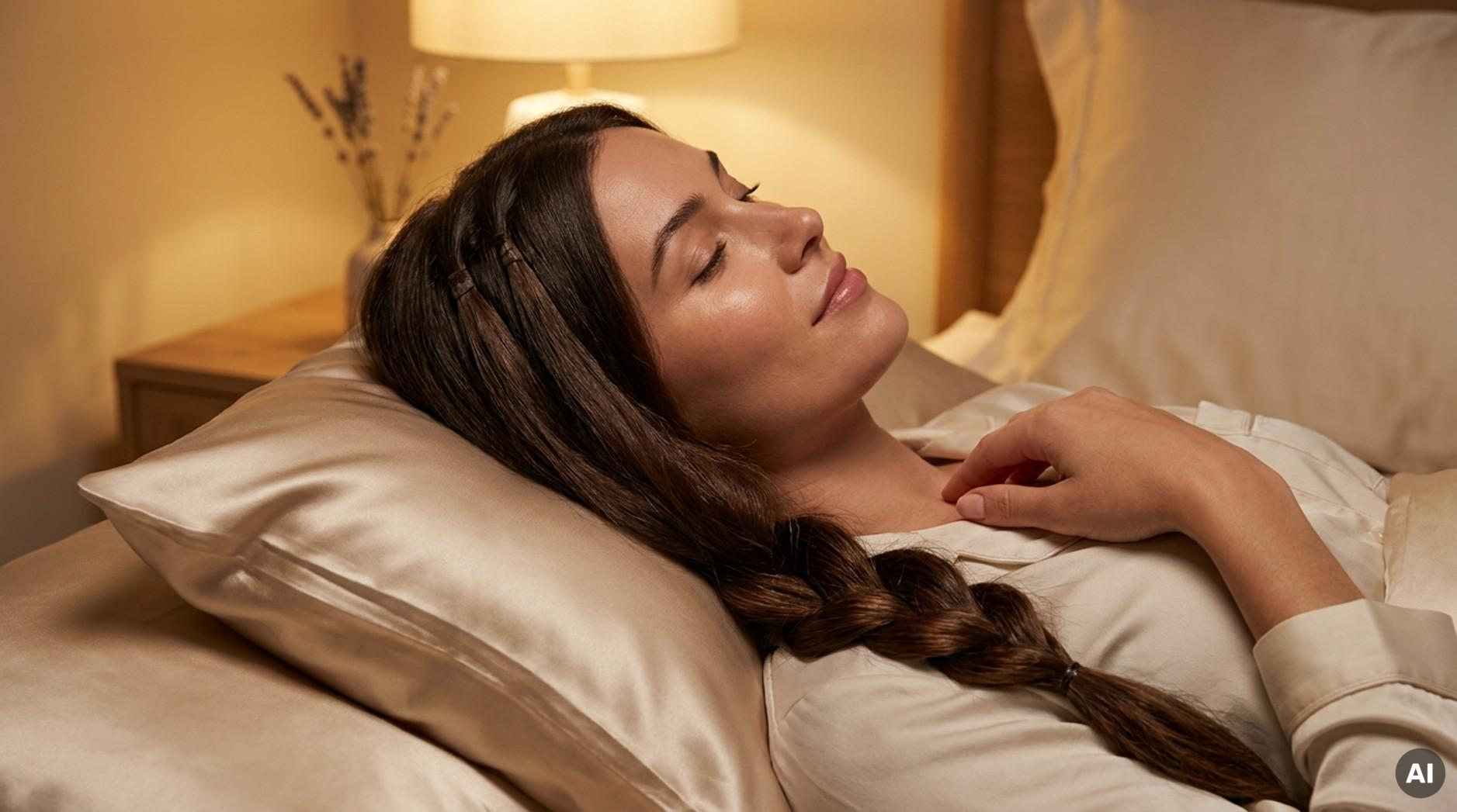 A woman resting on a champagne silk pillowcase with her hair in a loose braid, highlighting gentle bedtime hair care to protect extensions.