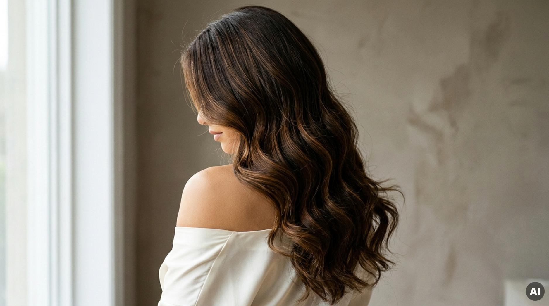 A woman with long glossy waves showcasing natural hair extensions in a rear view.